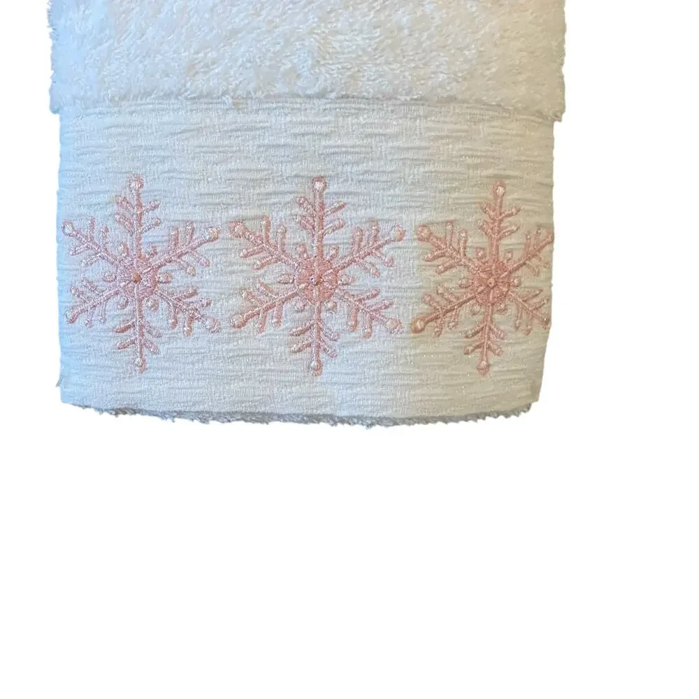 Granville Lane 2pk Christmas Hand Towels Embroidered Pink Snowflakes Cotton NEW